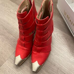 Red Leather Ankle Boots with Silver Accents
